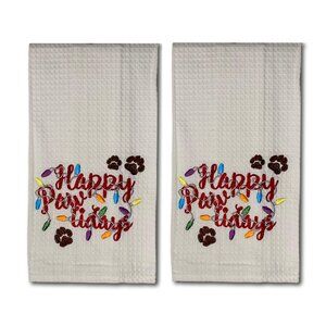 Set of 2 Happy Paw-lidays Holidays Christmas Kitchen Towels for Dog & Cat Lovers